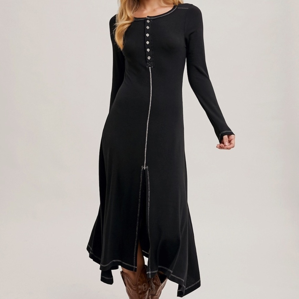 New! by BluIvy Button Down Front Slit Flared Long sleeved Midi Dress Szs S-M-L